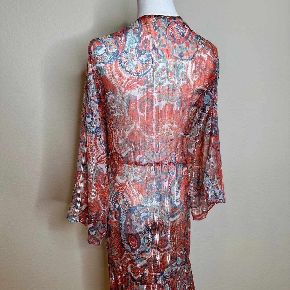 By Anthropologie Paisley Maxi Kimono Duster Metallic Sheer Red Blue One Size - Picture 6 of 9
